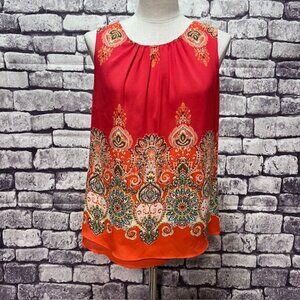 Rose & Olive Orange, White & Green Sleeveless Blouse Size L